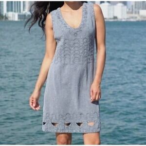 Cotton Natural Gray V Neck Embroidered Sleeveless Dress Tunic Size L Cottagecore